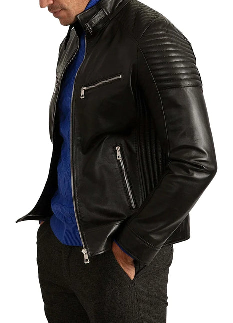 Mens Signature Black Leather Cafe Racer Motorcycle Jacket