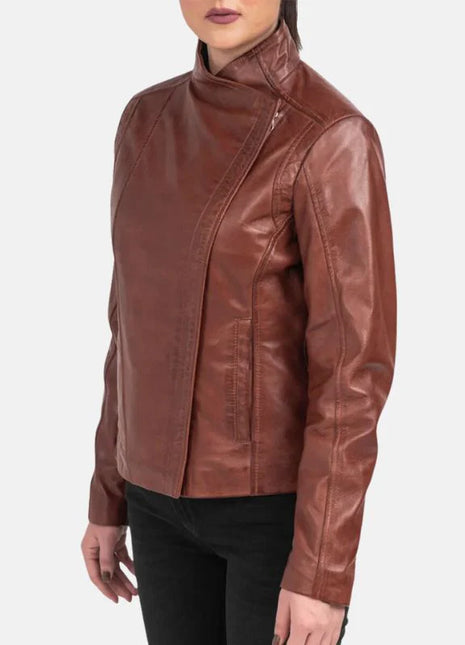 Womens Asymmetrical Dark Brown Leather Biker Jacket