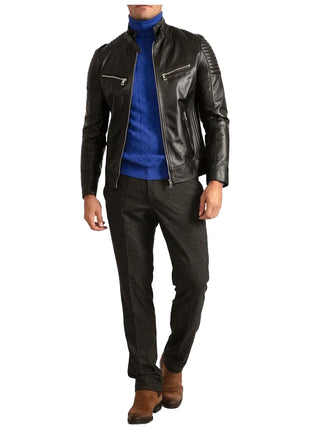 Mens Signature Black Leather Cafe Racer Motorcycle Jacket