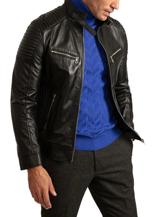 Mens Signature Black Leather Cafe Racer Motorcycle Jacket