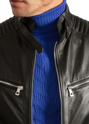 Mens Signature Black Leather Cafe Racer Motorcycle Jacket