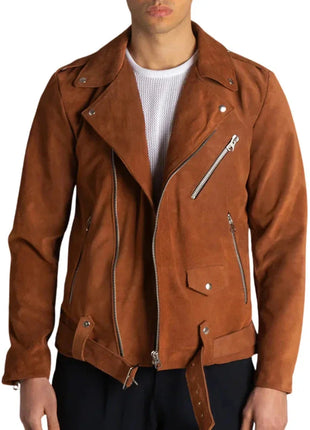 Men's Tobacco Brown Suede Leather Biker Jacket