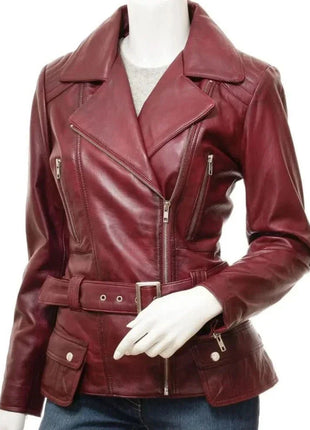 Women Vintage Burgundy Leather Biker Jacket