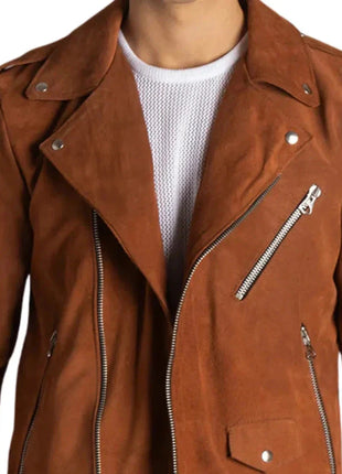 Men's Tobacco Brown Suede Leather Biker Jacket