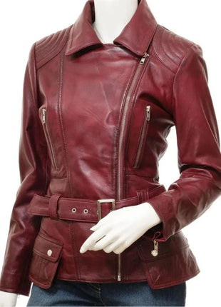 Women Vintage Burgundy Leather Biker Jacket