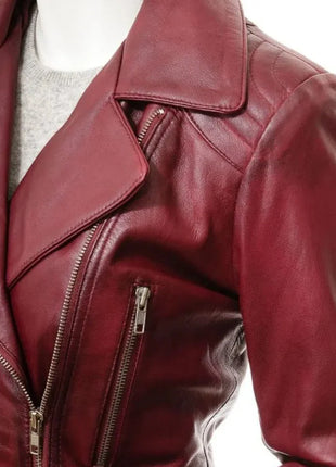 Women Vintage Burgundy Leather Biker Jacket