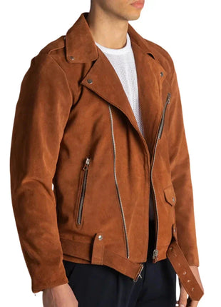 Men's Tobacco Brown Suede Leather Biker Jacket
