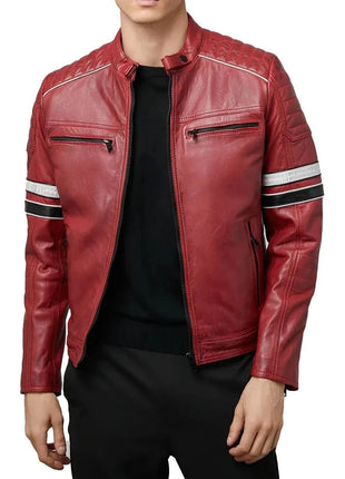 Madrid Mens Quilted Red Leather Racing Jacket with Stripes