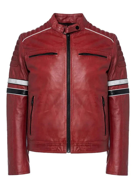 Madrid Mens Quilted Red Leather Racing Jacket with Stripes