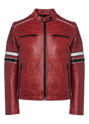 Madrid Mens Quilted Red Leather Racing Jacket with Stripes