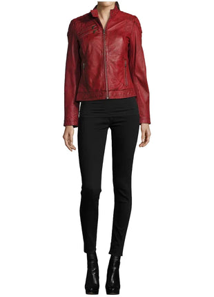 Merlot Apple Red Leather Biker Jacket Womens