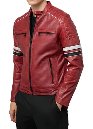 Madrid Mens Quilted Red Leather Racing Jacket with Stripes