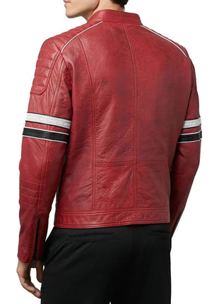 Madrid Mens Quilted Red Leather Racing Jacket with Stripes