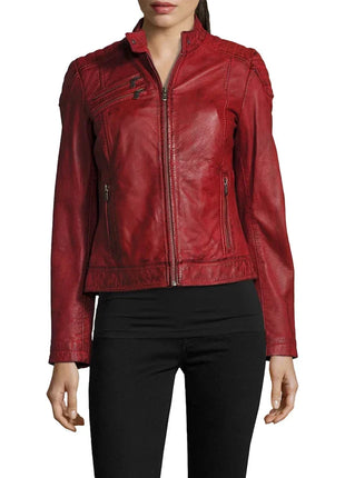 Merlot Apple Red Leather Biker Jacket Womens