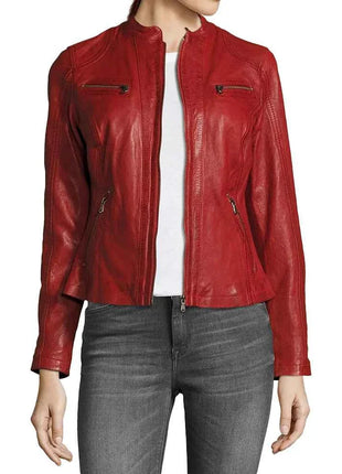Allen Red Leather Biker Jacket Womens