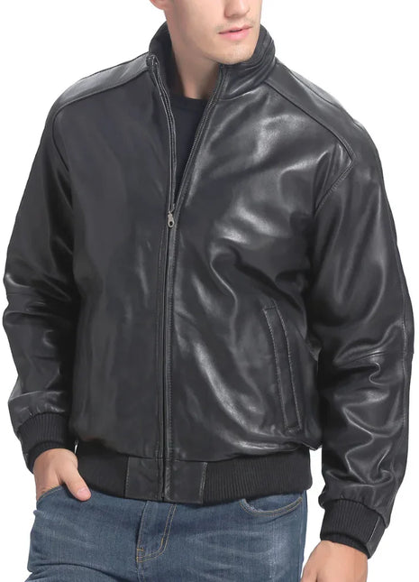Men's Real Lambskin Black Leather Bomber Jacket