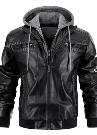Men's Distressed Black Leather Bomber Jacket with Removable Hood