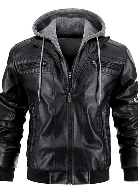 Men's Distressed Black Leather Bomber Jacket with Removable Hood