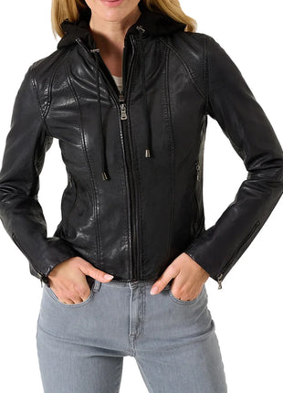 Black Cafe Racer Womens Hooded Leather Jacket