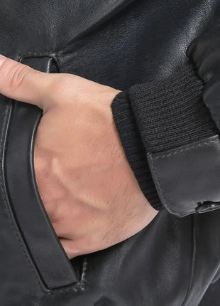 Men's Real Lambskin Black Leather Bomber Jacket