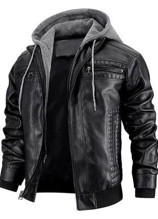 Men's Distressed Black Leather Bomber Jacket with Removable Hood