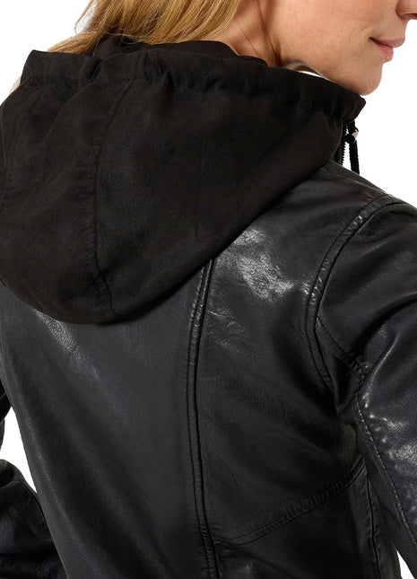 Black Cafe Racer Womens Hooded Leather Jacket