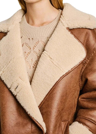 Womens White and Brown Sherpa Aviator Pilot Jacket