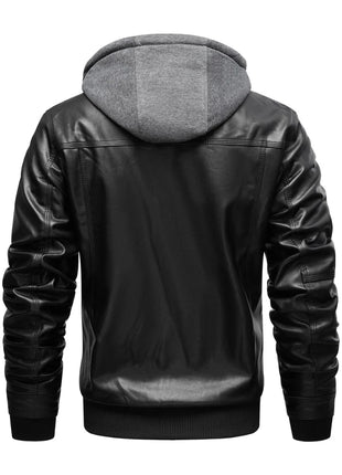 Men's Distressed Black Leather Bomber Jacket with Removable Hood
