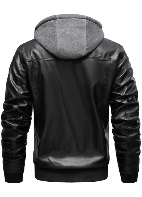 Men's Distressed Black Leather Bomber Jacket with Removable Hood