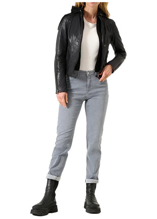 Black Cafe Racer Womens Hooded Leather Jacket