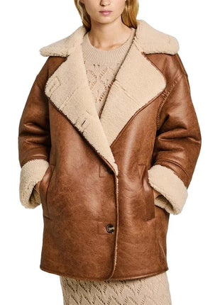 Womens White and Brown Sherpa Aviator Pilot Jacket
