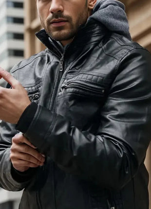 Men's Distressed Black Leather Bomber Jacket with Removable Hood