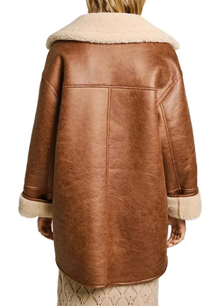 Womens White and Brown Sherpa Aviator Pilot Jacket