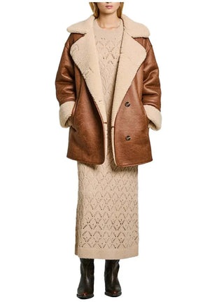 Womens White and Brown Sherpa Aviator Pilot Jacket