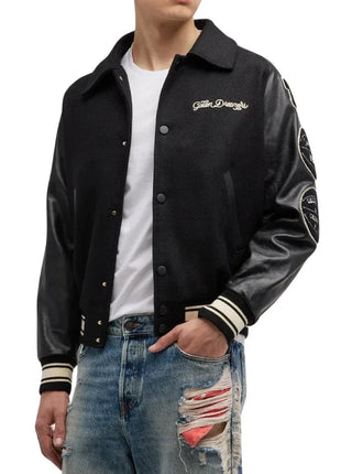 Mens Black Wool College Bomber Jacket with Leather Sleeves