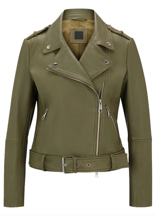 Womens Green Leather Biker Jacket