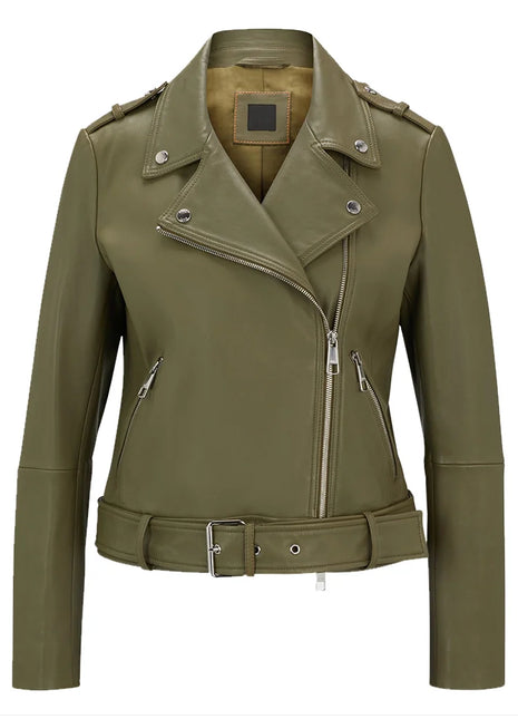 Womens Green Leather Biker Jacket