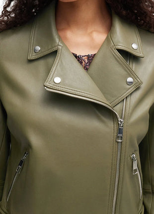 Womens Green Leather Biker Jacket