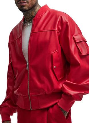 Men's Oversized Red Leather Bomber Jacket