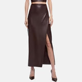 Women's Dark Brown Leather Asymmetrical Midi Skirt