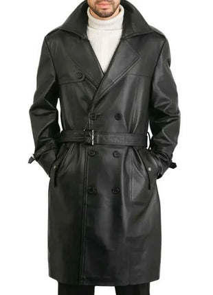 Mens Double Breasted Black Lambskin Leather Trench Coat