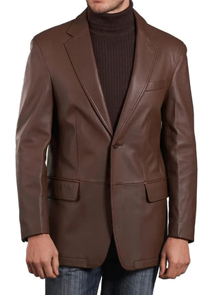 Mens Two Button Notch Lapel Cognac Waxed Leather Blazer