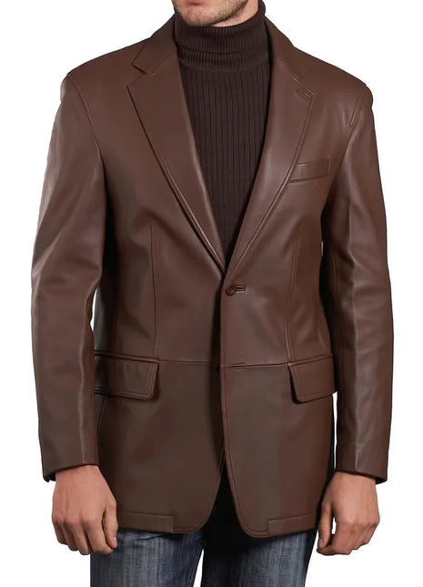 Mens Two Button Notch Lapel Cognac Waxed Leather Blazer