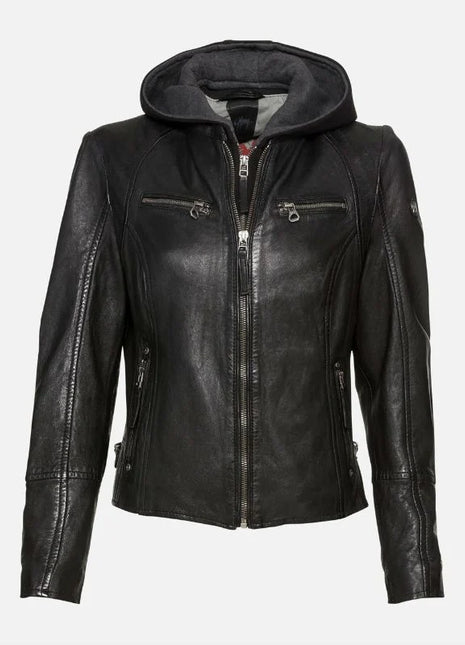 Womens Black Cafe Racer Jacket With Removable Hood