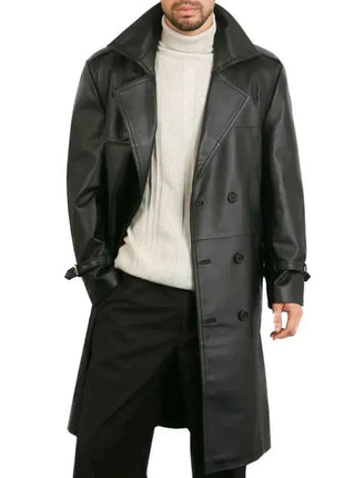 Mens Double Breasted Black Lambskin Leather Trench Coat