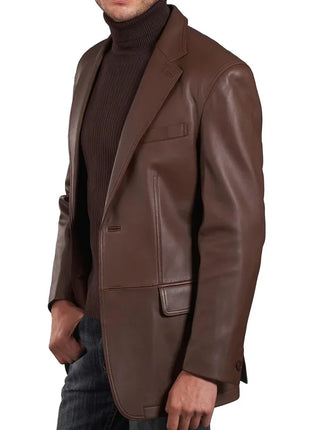Mens Two Button Notch Lapel Cognac Waxed Leather Blazer