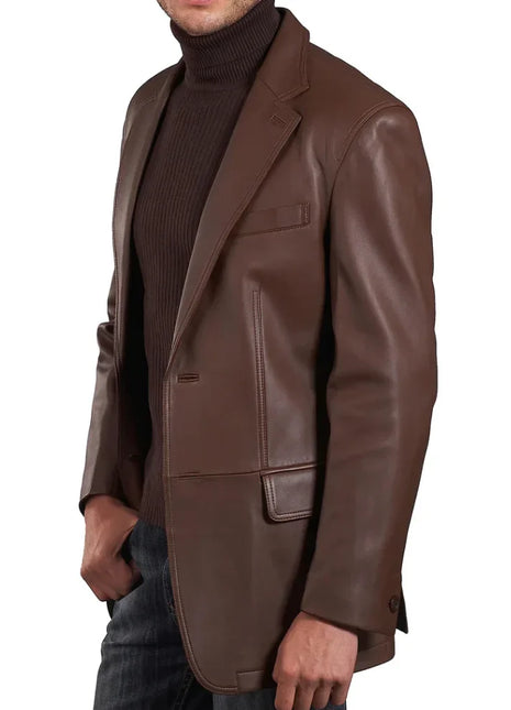 Mens Two Button Notch Lapel Cognac Waxed Leather Blazer