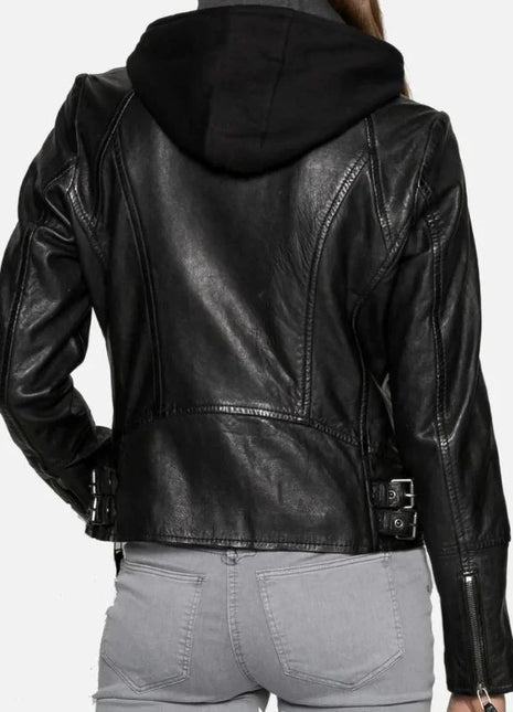 Womens Black Cafe Racer Jacket With Removable Hood