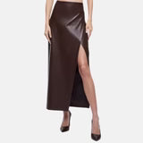 Women's Dark Brown Leather Asymmetrical Midi Skirt