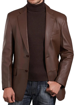 Mens Two Button Notch Lapel Cognac Waxed Leather Blazer